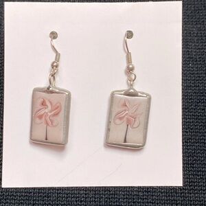 Pink tile silver earrings
